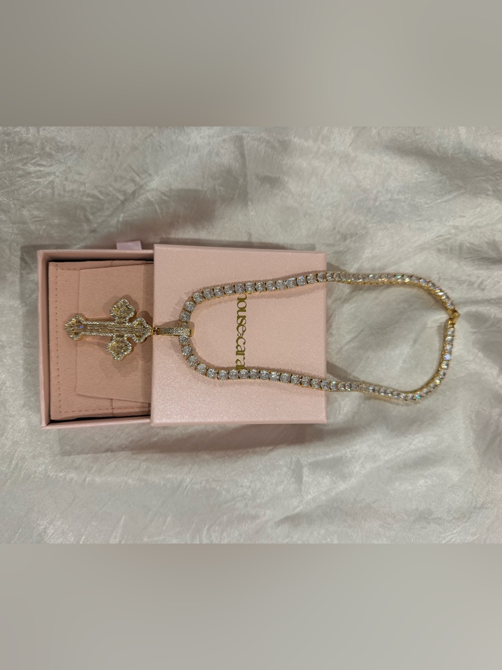 Gold Crystal Cross Pendant Necklace - Sparkling Tennis Chain